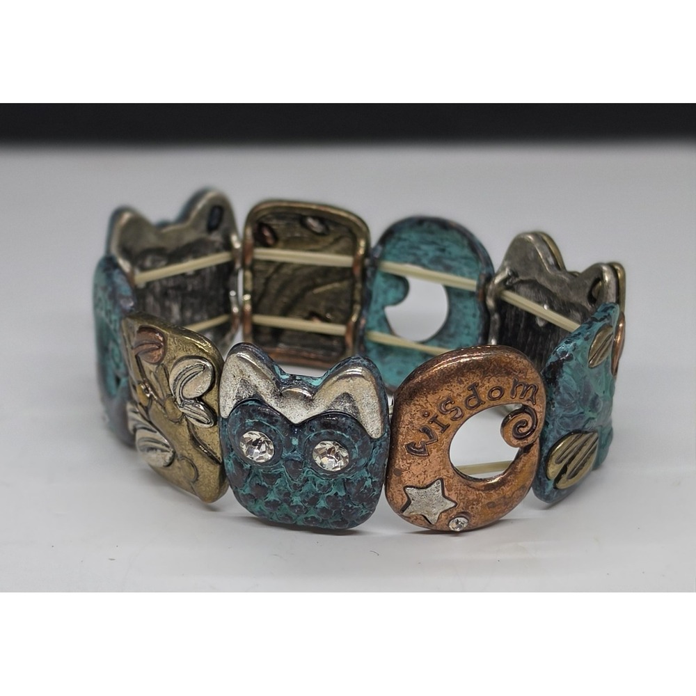 Vintage-Inspired Charm Stretch Panel Bracelet with Owls and Nature Motifs